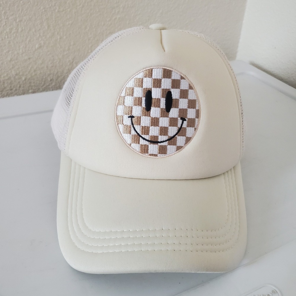 Cream Smiley Face Checkerboard Trucker Hat Mesh Back Adjustable Snapback Cap